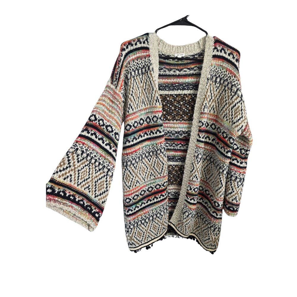 En Creme Boho Geometric Chunky Knit Oversized Cardigan Pom Pom Trim M/L